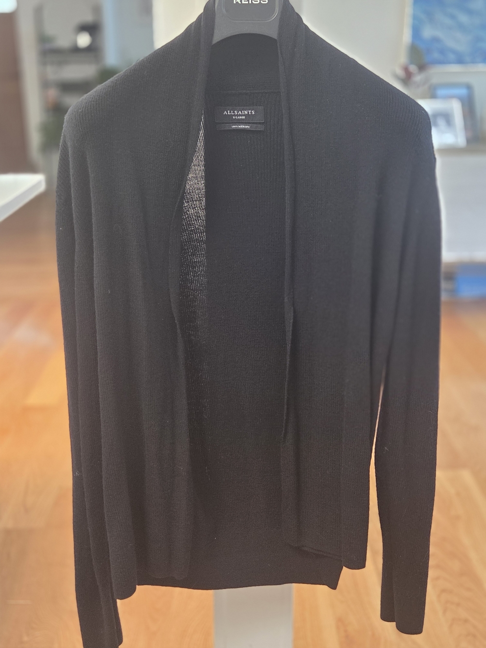 All Saints Womens 100% Merino Wool Black Open-Front Draped Cardigan (XL)
